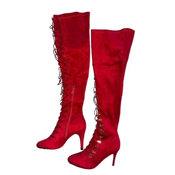 Tall Thigh Over the Knee Women's Boots Red Velvet Stiletto Lace Up Size 8 - Picture 1 of 10